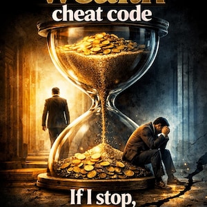 May include: Digital art depicting an hourglass filled with gold coins, with the text "The wealth cheat code." A man walks away, while another sits dejected. The text "If I stop, does this money stop too?" is also present.