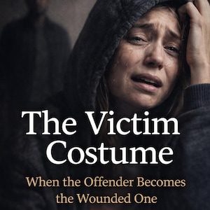 Puede incluir: Imagen de portada de libro con el título "The Victim Costume" y la frase "When the Offender Becomes the Wounded One." Una mujer con una sudadera con capucha está llorando, con una figura borrosa en el fondo.