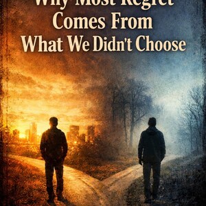 Może przedstawiać: Okładka książki z tytułem "Why Most Regret Comes From What We Didn't Choose" i "The Thin Book". Dwie postacie stoją na rozwidleniu drogi, jedna twarzą do miasta o zachodzie słońca, druga do lasu.