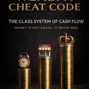 May include: A promotional image with the title "THE WEALTH CHEAT CODE" in gold. The text "THE CLASS SYSTEM OF CASH FLOW" and "MONEY IS NOT EQUAL. IT NEVER WAS." are also visible. Three stacks of gold coins support a clock, a store, and a crown.