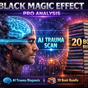 Könnte beinhalten: Digitales Kunstwerk mit dem Profil eines Mannes mit leuchtendem Gehirn, Text "BLACK MAGIC EFFECT" und "AI TRAUMA SCAN". Ein Stapel von 20 Büchern rechts. Das Bild hat ein dunkles, futuristisches Thema.