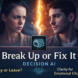 May include: An image with the text "Break Up or Fix It" and "Decision AI". The image features a man and a woman facing each other with a lightning bolt between them. Pink broken heart icons are on either side of the couple.