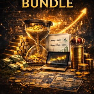 以下が含まれることがあります： 「THE WEALTH CHEAT CODE BUNDLE」と「EVERY SECRET YOU NEED TO UNLOCK WEALTH」のテキストが入った画像。砂時計、金塊、札束、コイン、ラップトップ、王冠が描かれています。