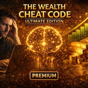 Könnte beinhalten: Ein Mann blickt auf einen Laptop, mit dem Text "THE WEALTH CHEAT CODE ULTIMATE EDITION" in Gold. Ein leuchtendes Gehirn-Grafik befindet sich in der Mitte, mit Goldbarren, Münzen und einer steigenden Grafik. Das Wort "PREMIUM" steht in einer goldenen Box.