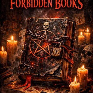 Può includere: Un libro antico, "THE PSYCHOLOGY OF FORBIDDEN BOOKS", con un pentagramma, un teschio e catene. La scena include candele accese e l'avvertimento "READ AT YOUR OWN RISK...". L'immagine ha un'estetica oscura e gotica.