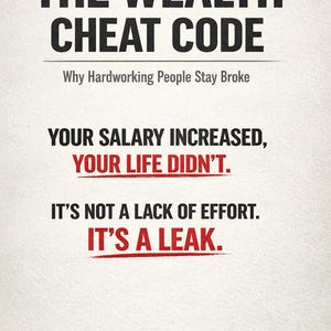 以下が含まれることがあります： 「THE WEALTH CHEAT CODE」という太字の黒い文字のタイトルと、「Why Hardworking People Stay Broke」というサブタイトルが書かれたポスター。 「YOUR SALARY INCREASED, YOUR LIFE DIDN'T」と「IT'S NOT A LACK OF EFFORT. IT'S A LEAK」というテキストも表示されています。