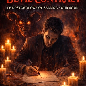 May include: An illustration for a book cover titled "DEVIL CONTRACT" with the text "THE PSYCHOLOGY OF SELLING YOUR SOUL." A man is writing on a document, surrounded by candles and a demonic figure. The tagline reads "SUCCESS HAS A DARK PRICE..."