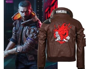 Cyberpunk V Jacket Samurai Brown Leather Bomber | Men's Gaming