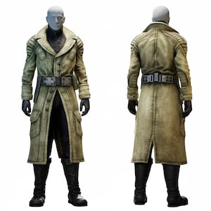 May include: A long, olive-green coat with a belted waist and black gloves and boots. The coat has a high collar and button-down front. The mannequin is standing in front of a white background. The coat is a military style.