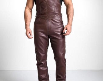 Men's Brown Leather Jumpsuit Overalls - Genuine Leather Jumpsuit with Cargo Pockets, Biker Motorcycle Workwear, Utility Style Overalls