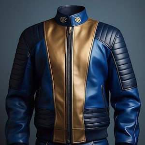 Op de afbeelding: Een blauwe, gouden en zwarte leren jas met een opstaande kraag en een lange ritssluiting. De jas heeft gouden accenten op de borst en een gewatteerd ontwerp op de schouders en mouwen.