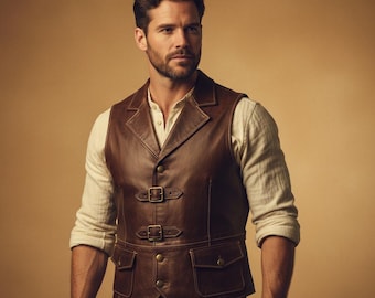Vintage Adventurer Steampunk Brown Leather Vest for Men | Tailored Victorian Explorer Buckle & Pocket Waistcoat