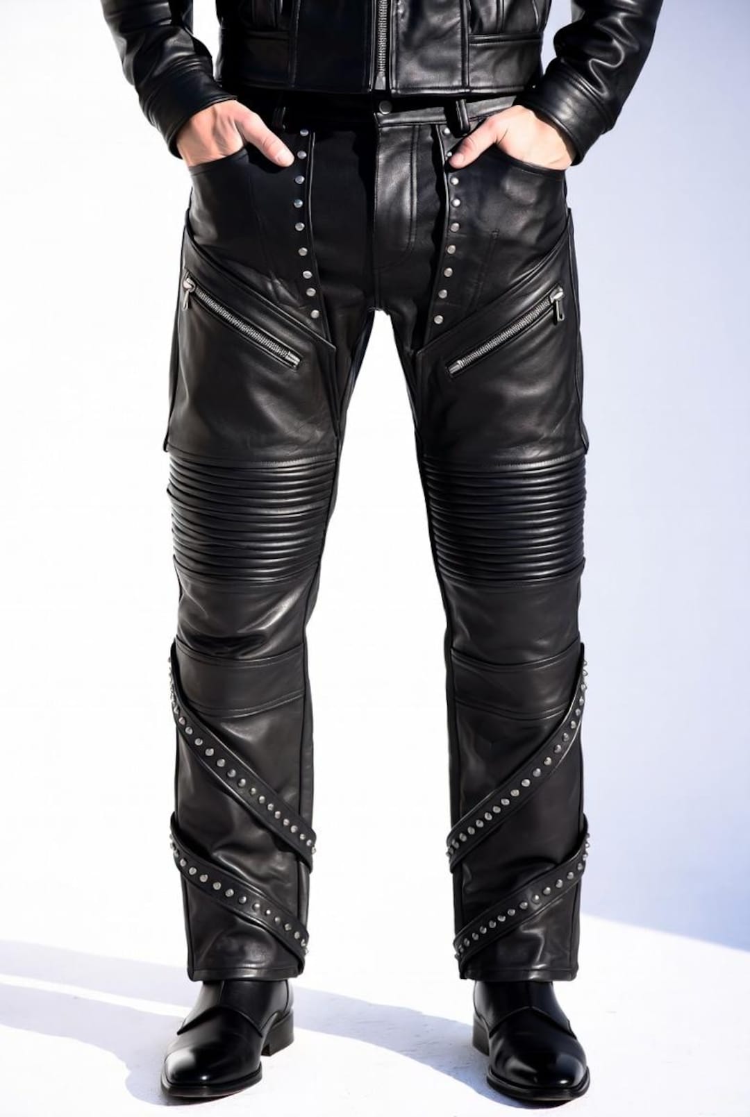 Men's Rock Star Black Leather Pants With Studded Straps & Zippers ...