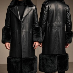 May include: A black leather coat with a fur collar, cuffs, and hem. The coat has a classic design with a notched lapel and button closure. The fur trim adds a luxurious touch to this outerwear piece.