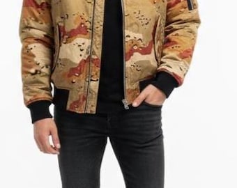 Desert Camouflage Bomber Jacket | Vintage Style Reissue | Sex Records Logo Embroidery | Mens Military Camo Coat | Unique Gift for Him