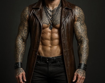 Colete de couro robusto para motociclista masculino: colete marrom escuro sem mangas com abertura frontal para homens tatuados e musculosos e motociclistas góticos e punks.