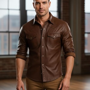 Men's Premium Black Leather Western Snap-Button Shirt |Rugged Cowboy Yoke Jacket|Slim Fit Biker Style with Pearl Snaps and Dual Flap Pockets