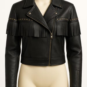 Vintage Black Leather Jacket with Fringe,Biker Jacket,Motorcycle Jacket,Jacket Coat with Faux Fur Collar, Heavyweight  Zip in Liner Coat