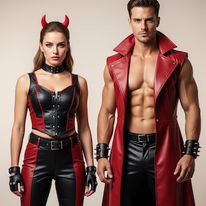 May include: A couple in matching devil-themed outfits. The woman wears a black and red corset, trousers, gloves, and a headband with horns. The man wears a red leather vest and black trousers. Both have black wrist cuffs.