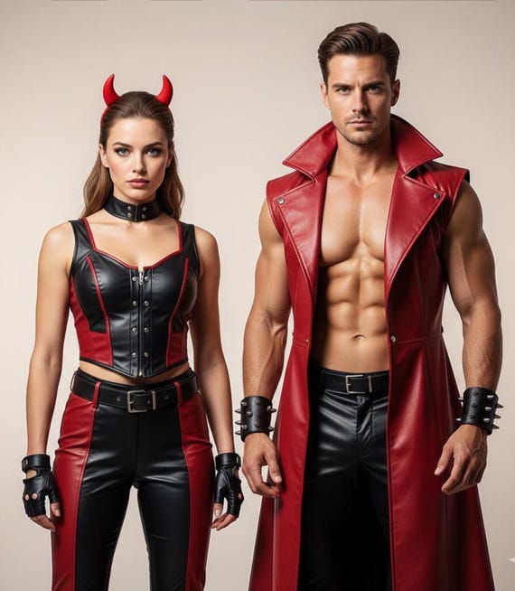 His & Hers Demonic Couple Leather Outfit Set | Red Black Vampire Devil  Halloween Cosplay | Edgy Fantasy Clubwear Costume | Gift For Couple