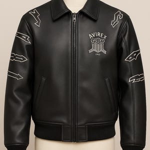 Avirex Unisex Black American Bomber Leather Flight style Jacket Genuine Leather, ,100% Original Leather Jacket For Him, Anniversary Gift