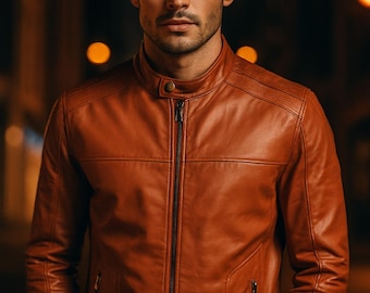 メンズ モーターサイクル 長袖 スタンドカラー レザー裏地 ジップ