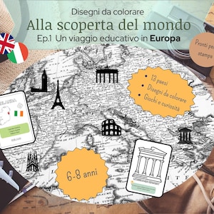 Può includere: Libro da colorare educativo intitolato "Alla scoperta del mondo" con una mappa dell'Europa. Include illustrazioni di monumenti come la Torre Eiffel e il Colosseo. Testo in italiano e inglese, per bambini di 6-8 anni.