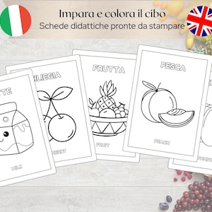 Schede da colorare Cibo Italiano Inglese per Bambini | +60 Pagine PDF Stampabili | Attività Prescolari 2-8 Anni | Educazione Alimentare