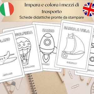 Schede didattiche da colorare mezzi di trasporto Italiano - Inglese | Stampabili pdf | attività bambini 2-6 anni