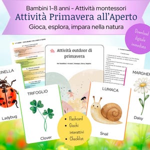 Può includere: Un set di flashcard educative per bambini da 1 a 8 anni, con illustrazioni di coccinella, trifoglio, lumaca e margherita. Le carte fanno parte di un set di attività primaverili all'aperto, con testo in italiano.