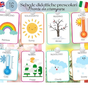 Weather Flashcard Italiano - inglese | schede didattiche educative bilingue | stampabili per bambini