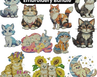 15+ Cat Embroidery Bundle, Cute Cat Embroidery, Kawaii Kitty Embroidery, Cat Lover Embroidery Files, Cat Collection, Kitten Embroidery