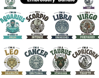 Zodiac Embroidery Design, 12 Signs of the Zodiac embroidery, Horoscope embroidery, Astrology embroidery, Machine embroidery design