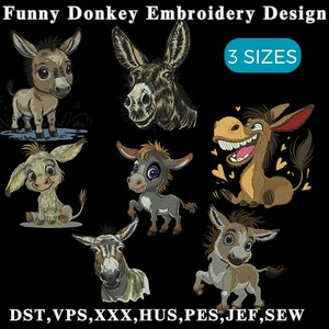 May include: A black background displays several cartoon donkey embroidery designs. The text "Funny Donkey Embroidery Design" is at the top. A teal rectangle reads "3 SIZES." The bottom of the image lists embroidery file formats.