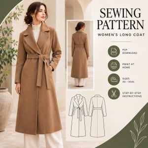 Peut inclure: Un patron de couture pour un long manteau avec le texte SEWING PATTERN, PDF DOWNLOAD, PRINT AT HOME, SIZES XS - XXXL, et STEP-BY-STEP INSTRUCTIONS. L'image montre un long manteau beige avec une ceinture, vu de face et de dos.