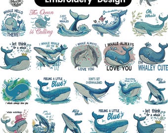 Funny Whale Embroidery Designs Bundle, Cute Ocean Whale PES DST JEF Machine Embroidery Files Download