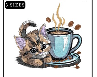 Coffee Cats Embroidery Design File, Espresso Cup Cat, Mocha Latte, Cute Coffee Machine Embroidery, Cup Kitty Machine Embroidery Design