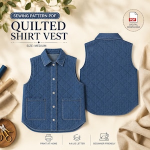 May include: A blue quilted shirt vest sewing pattern PDF for size medium. The design features a collared vest with a front button closure and two patch pockets, shown from both front and back views. Text includes SEWING PATTERN PDF, QUILTED SHIRT VEST, SIZE: MEDIUM, DIGITAL DOWNLOAD, PRINT AT HOME, A4/US LETTER, and BEGINNER FRIENDLY.