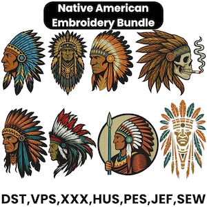 May include: A selection of Native American embroidery designs. The designs depict detailed portraits of Native Americans wearing feathered headdresses, including a skull smoking a cigarette. The text "Native American Embroidery Bundle" is at the top.