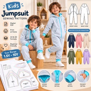 Può includere: Un cartamodello digitale per una tuta da bambino, caratterizzato da un capo intero con cappuccio azzurro, cerniera e polsini blu brillante. L'immagine mostra disegni tecnici, varianti di colore e dettagli ravvicinati di cappuccio, cerniera, polsini e tasche, insieme a fogli di cartamodello stampati.