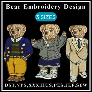 Bear Embroidery Designs, Fashion Teddy Bear Embroidery, Teddy Bear in Glasses & Suit Embroidery, Sitting Baby Teddy Bear, Machine Embroidery