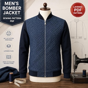Peut inclure: Un patron de couture PDF pour blouson bomber avec un panneau avant matelassé bleu, des manches bleu marine unies et une fermeture éclair argentée. Le design inclut des étiquettes pour impression A4/US, fichiers calques et instructions.