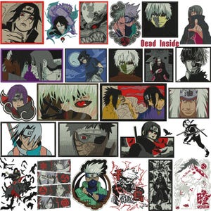 May include: A collection of embroidered patches featuring anime characters in various poses and styles. The patches showcase detailed artwork with vibrant colors and bold outlines, including characters with red eyes and the text "Dead Inside".