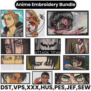 Puede incluir: Un surtido de parches bordados de anime. Los parches muestran varios personajes con expresiones faciales detalladas y colores vibrantes. El texto "Anime Embroidery Bundle" está en la parte superior.