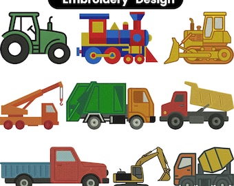 Construction Vehicle Embroidery Design Bundle, Truck Tractor Train Excavator Dump Truck Machine Embroidery Set for Kids