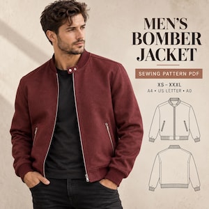 May include: A maroon bomber jacket with a ribbed collar, cuffs, and hem, featuring silver zippers and a snap button closure. Text reads: MEN'S BOMBER JACKET SEWING PATTERN PDF XS - XXXL A4 - US LETTER - A0, with line art diagrams.