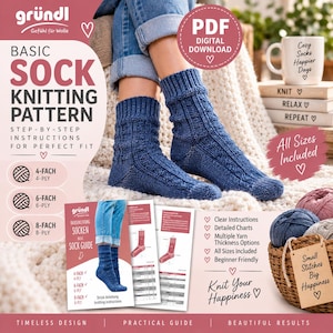 May include: A digital PDF knitting pattern for socks featuring step-by-step instructions, charts, and multiple yarn thickness options. The cover displays blue knitted socks, the text Basic Sock Knitting Pattern, and Gründl branding.