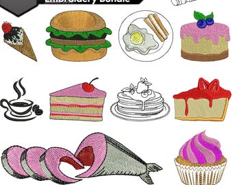 Food Embroidery Bundle Design, Fast Food Dessert Coffee Machine Embroidery Collection, Sweet Treats Bakery Breakfast Digital Stitch Bundle