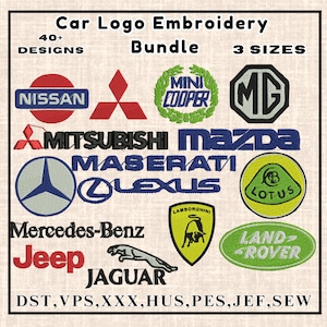 May include: Car logo embroidery bundle featuring 40+ designs and 3 sizes. Logos include Nissan, Mitsubishi, Mazda, Mercedes-Benz, Jeep, Jaguar, Mini Cooper, MG, Maserati, Lexus, Lotus, Lamborghini, and Land Rover.
