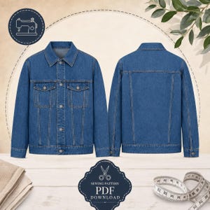 May include: A blue denim jacket shown from the front and back, featuring a classic collar, long sleeves, button-down front closure, and two chest pockets with buttoned flaps. The image includes a sewing machine icon and text reading SEWING PATTERN PDF DOWNLOAD.